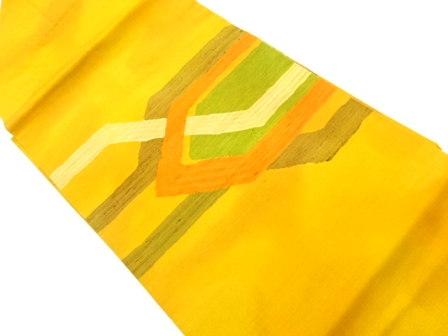 手織り紬抽象幾何学模様織出し名古屋帯